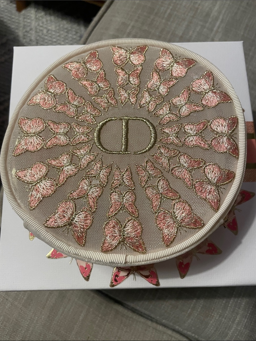 Dior Butterfly Cosmetic bag — White with Pink & Gold Accents both boxes included